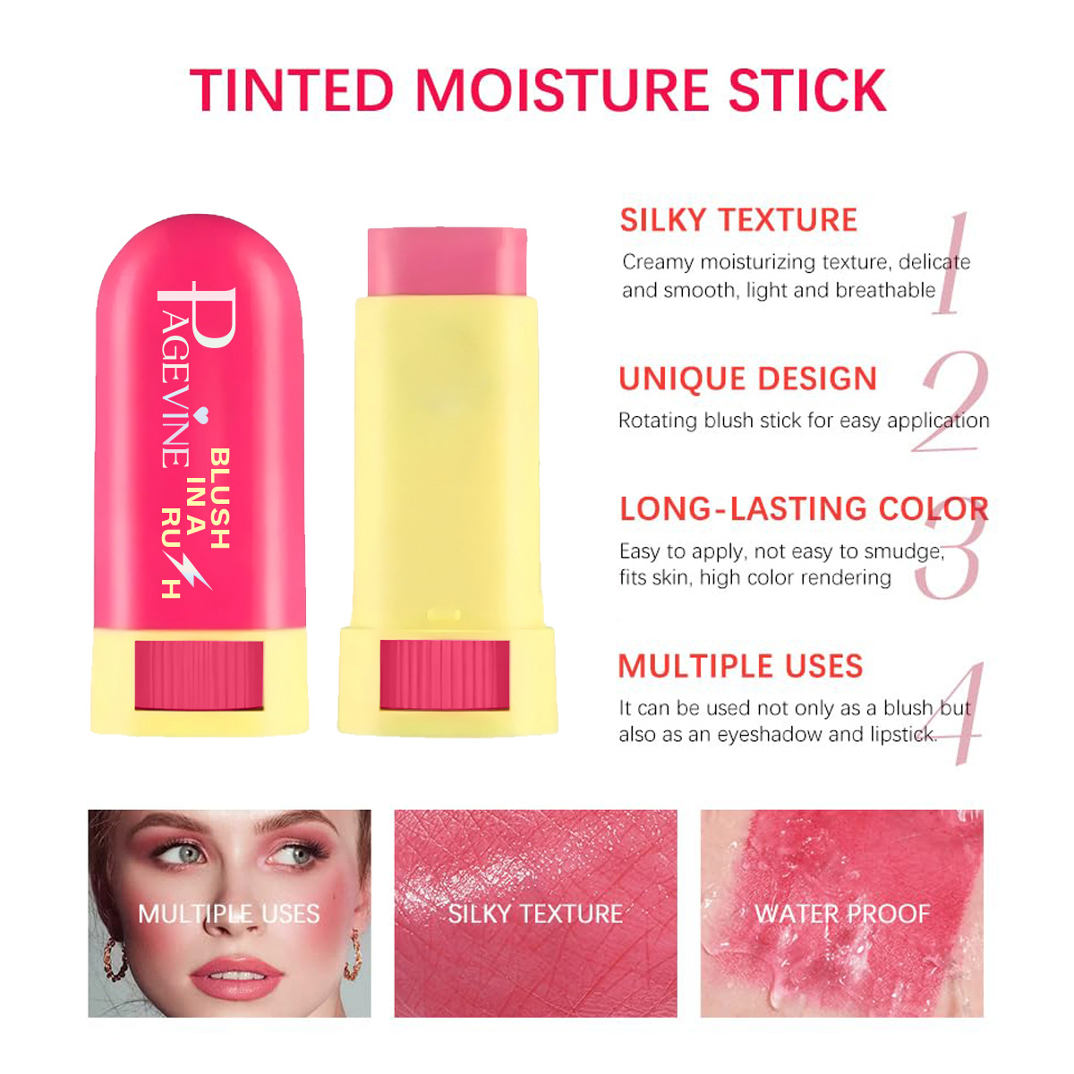 Cross-border PAGE VINE blush stick multipropósito impermeable maquillaje natural mate rotativo blush stick