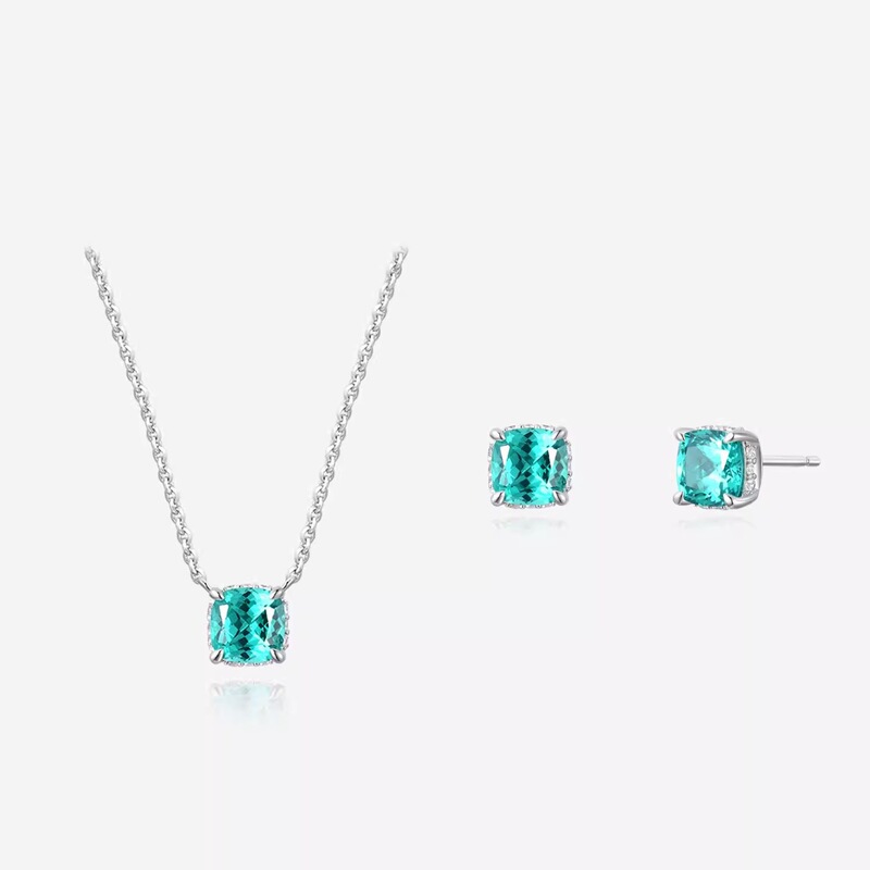 Paraiba White-Enhanced Four-Prong Square Gemstone Set Green Colored Gemstone High-Carbon Diamond Pendant Necklace with a Sense of Sophistication, Ring, and Earrings