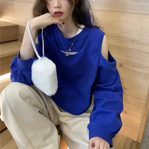New style off-shoulder design hoodie cleverly designed hollow-out loose-fitting niche long-sleeved cropped top T-shirt