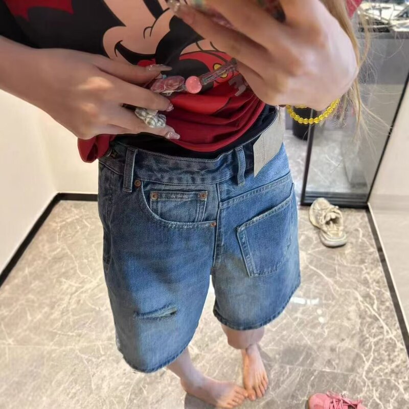 2025 Summer New Design Simple Style Versatile Non-Elastic Heavy-Duty Rotating Ripped Straight Jeans Versatile Trendy