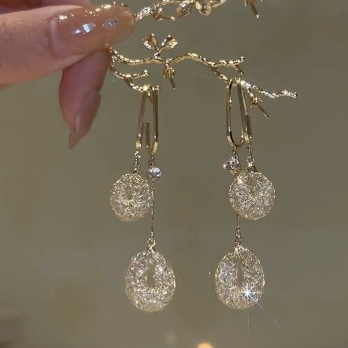 S925 Silver Needle Same Style Hollow Metal Mesh Earrings Fashion Sparkling Diamond Oval Metal Mesh Creative Smart Earrings