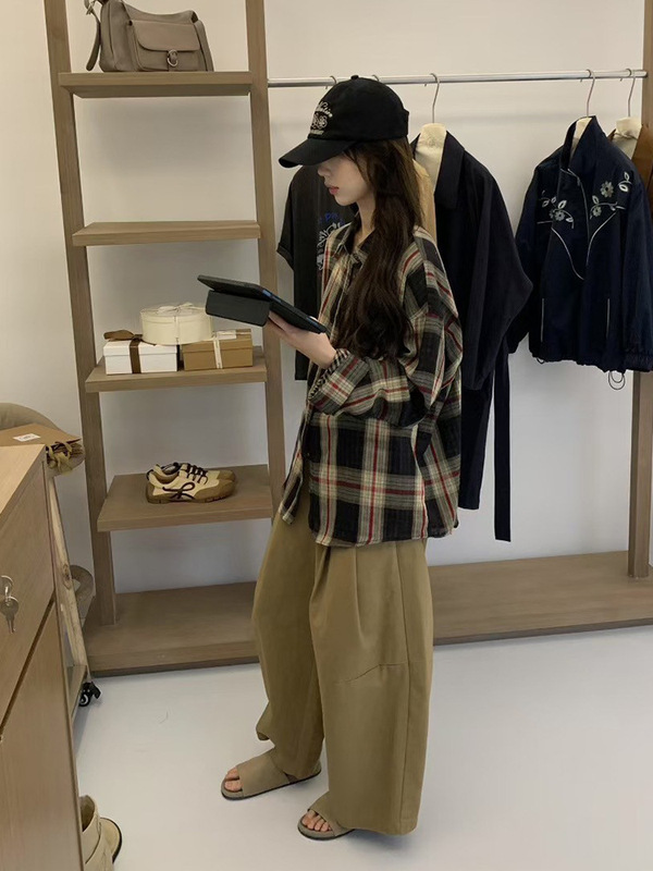 复古显白~双面棉纱格子衬衫女!秋韩系百搭宽松叠穿休闲衬衣薄外套|undefined