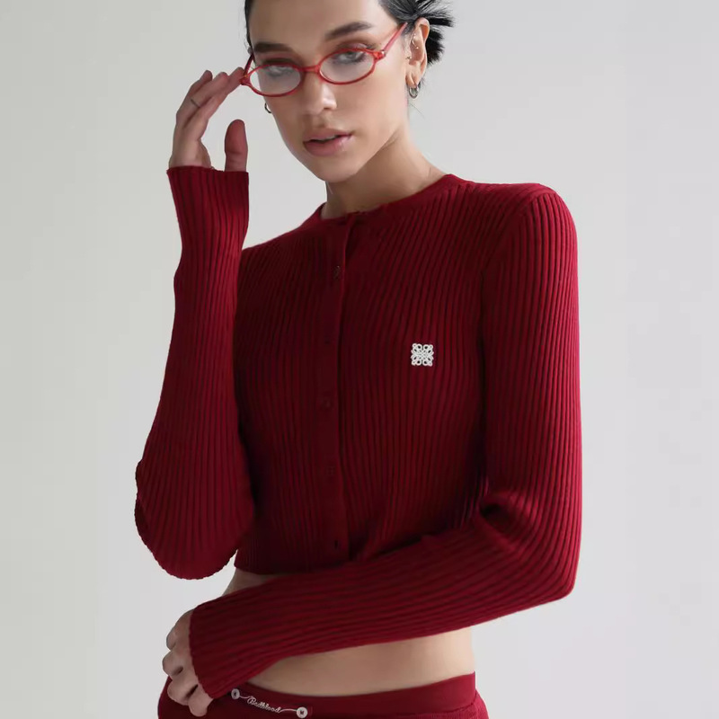badblood American Retro Lazy Style Knitted Cardigan Sweater Embroidered Round Neck Slimming Red Autumn Coat Women