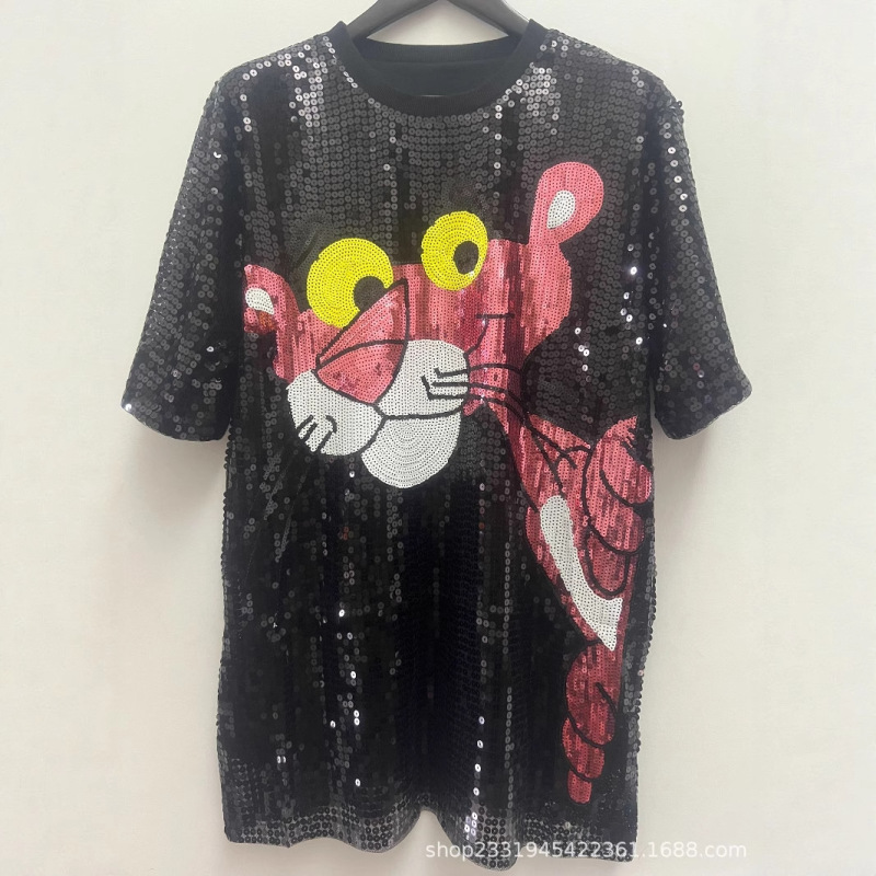 Women's Personalized Dress 2025 Summer New Long T-Shirt Women's Large Size Loose Slimming Look Sequin Skirt