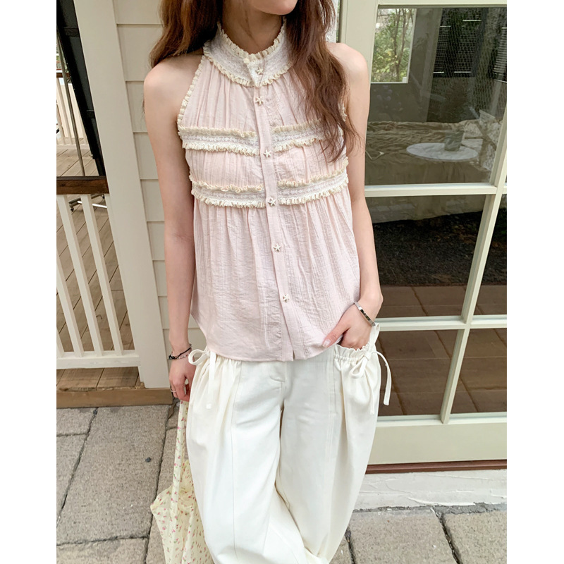 Jinyi "Bansha" Pink Lace-Trimmed Girly Stand-Collar Halter Neck Sleeveless Top for Petite Figures, Sweet and Cute