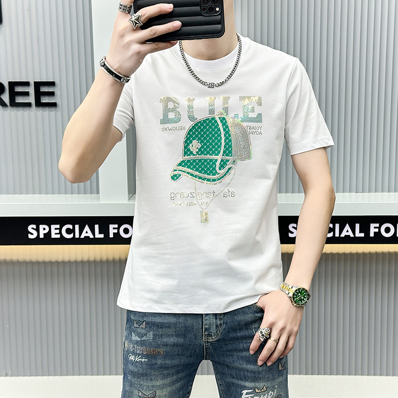 2024 summer new men's short sleeve round neck hat pattern printing European station summer T-shirt slim breathable T