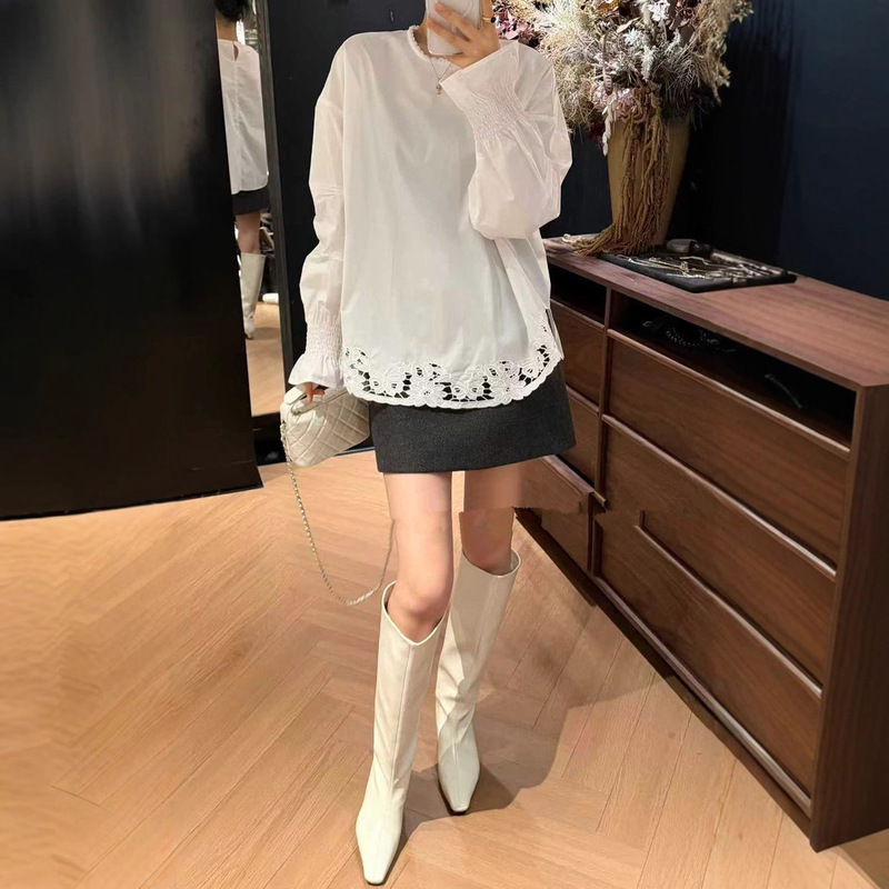 2026 New French-Style Cotton Top with a Unique Design, Gathered Sleeves, Heavily Embroidered Hem, Exquisite Loose-Fitting Long-Sleeve Shirt