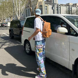 【百家布】春夏季弯刀版型抽绳松紧裤男女同款设计拼接感格子长裤