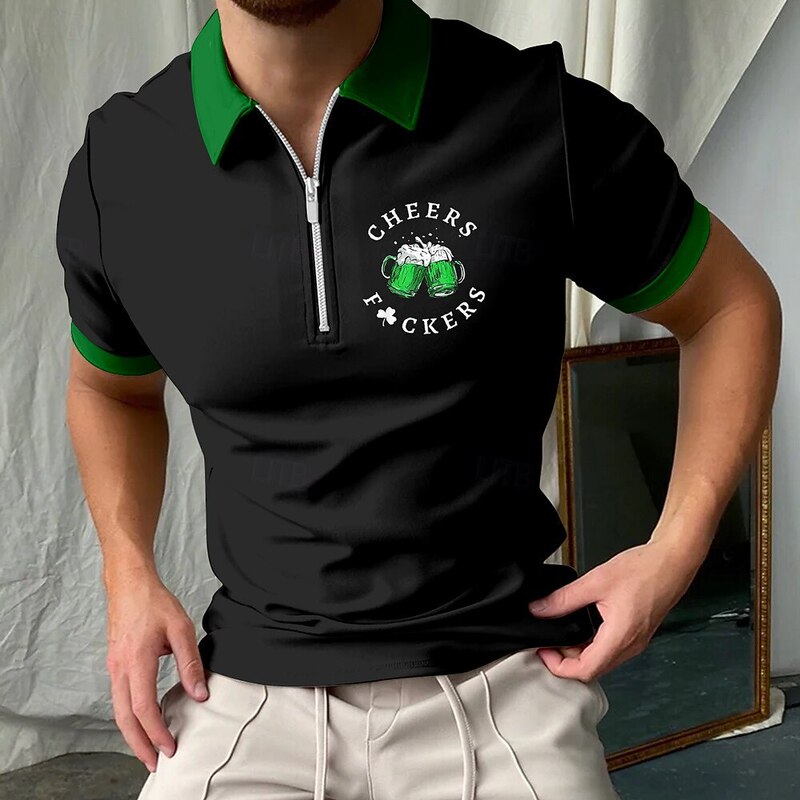 2026 Cross-Border St. Patrick's Day Polo Shirt Men's Irish Clover Zipper Polo High Quality Men's Clothing