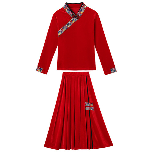 23 New Square Dance Costume with Tibetan Ethnic Embroidery for Middle-Aged and Elderly Women, Classical Dance Performance Suit Set