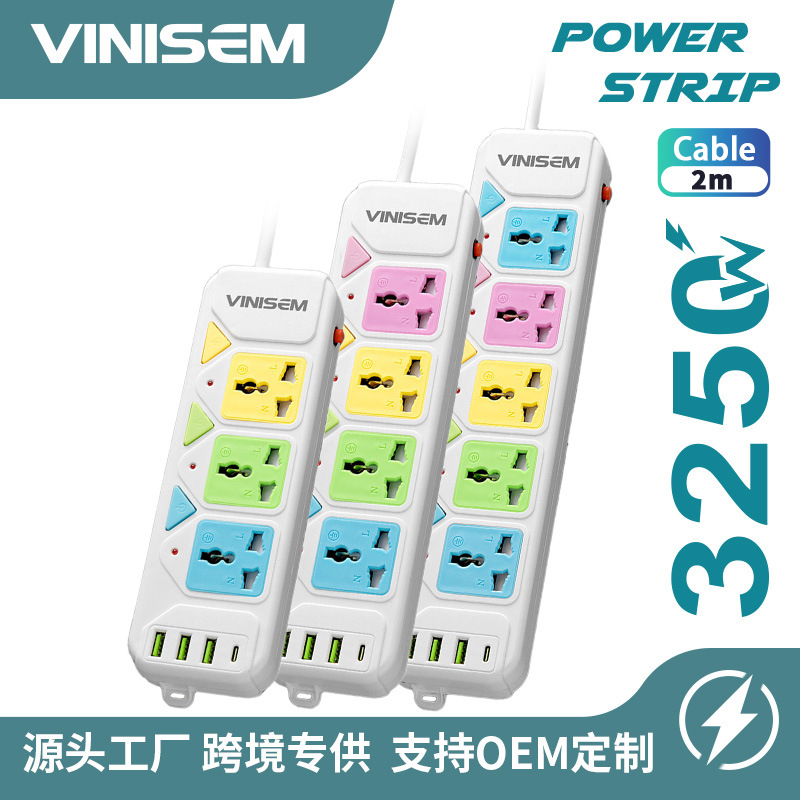 外贸热销带USB type C插座东南亚中东非洲带线排插万能孔插板