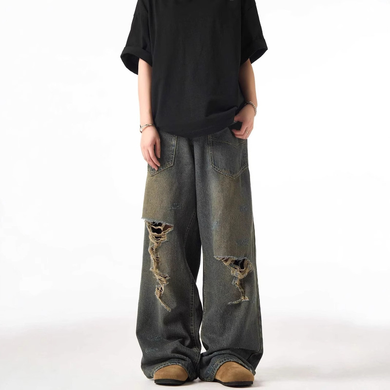 American Style Vibe Style High Street Knee Ripped Jeans Unisex Trendy Brand Loose Washed Vintage Wide Leg Pants
