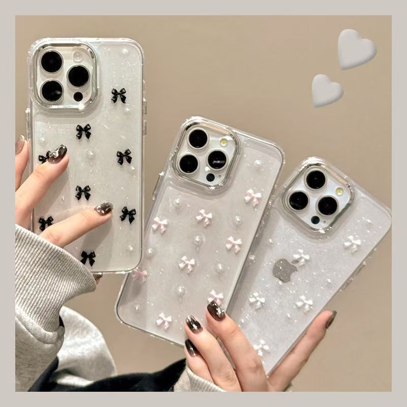 Transparent Glitter Phone Case Suitable for iPhone 17 Pro Max Black Bow Apple 15 Pearl 13 New Model for Women Transparent Glitter Phone Case Suitable for iPhone 17 Pro Max Black Bow Apple 15 Pearl 13 New Model for Women