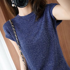 2025 夏の新スタイルラウンドネックアイスシルクグリッター半袖 Tシャツ女性の薄いルーズカジュアルスリムニットトップ