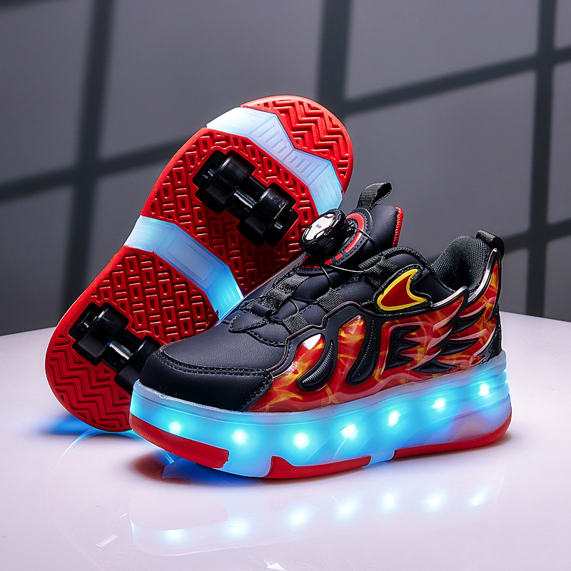Spring and autumn girls' heloo shoes 2024 new roller skates four-wheel pulley flashing lights sneaker skates boys charging