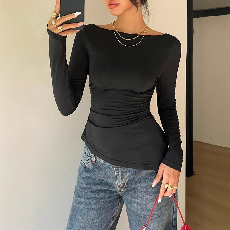 European and American Foreign Trade Women's Lace Splicing Bow Back Slim Long-Sleeved Off-Shoulder Black Sexy Top