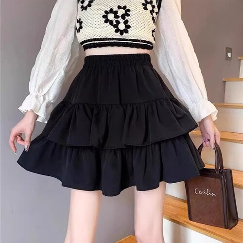 Black fluffy cake skirt for women's summer new elastic high waist slimming small anti-exposure a-line short skirt