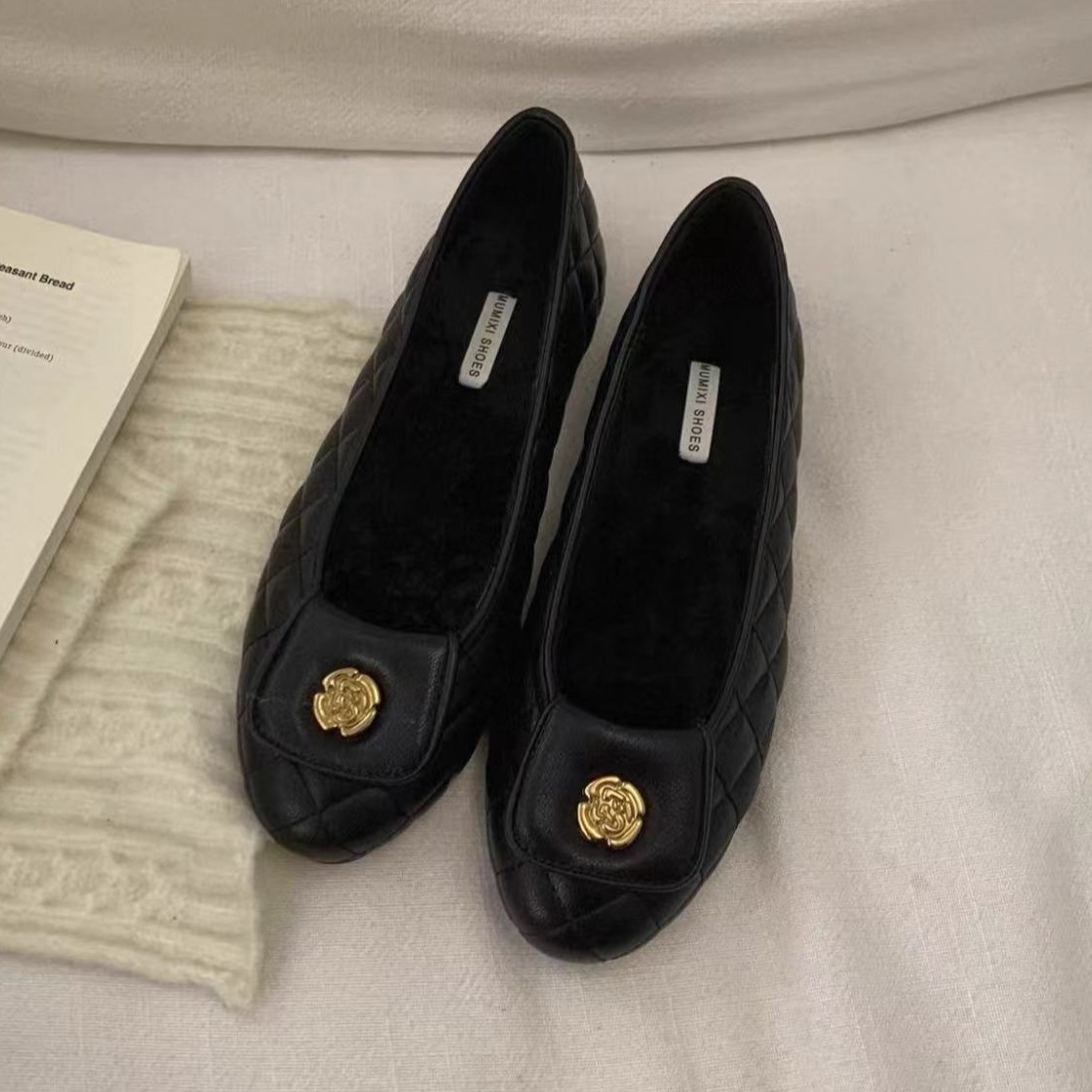 Black Flats-Soled Velvet Cotton Scoop Shoes for Women 2025 Autumn and Winter New Style French Style Ballet Mary Jane Shoes