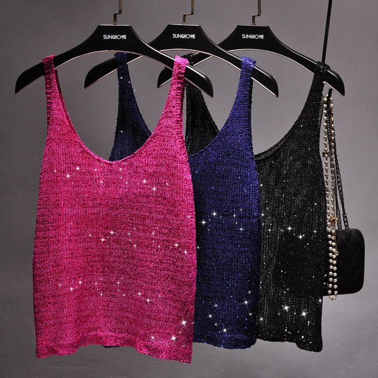 Spring and Summer 2022 New Korean V-neck Sling Knitted Sequin Vest All-match Sleeveless T-shirt Base Shirt Top