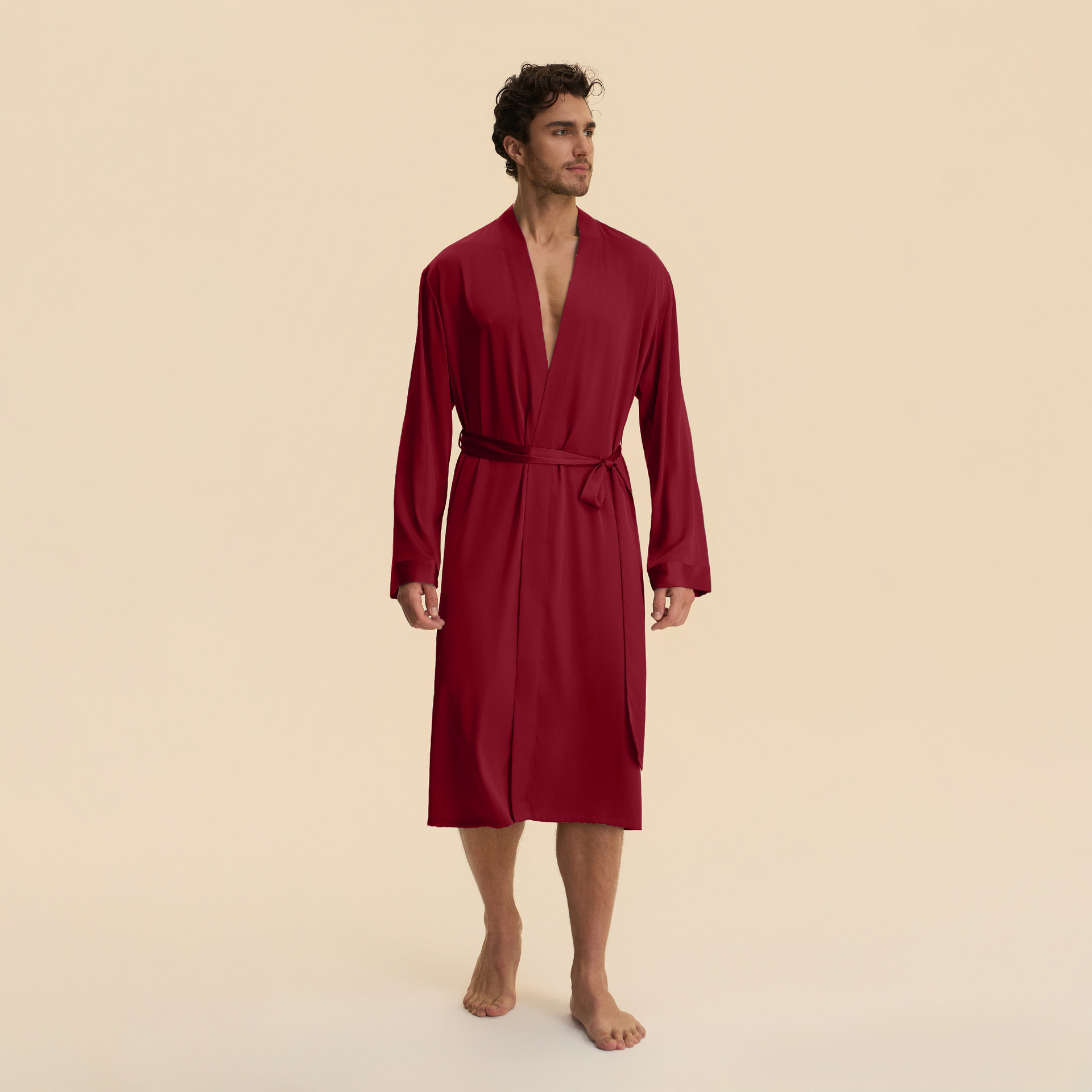 Spring and Autum New European and American Cross-Border Men's Pure Color Long Nightgown Shorts Satin Bathrobe Home Wear Set 3989