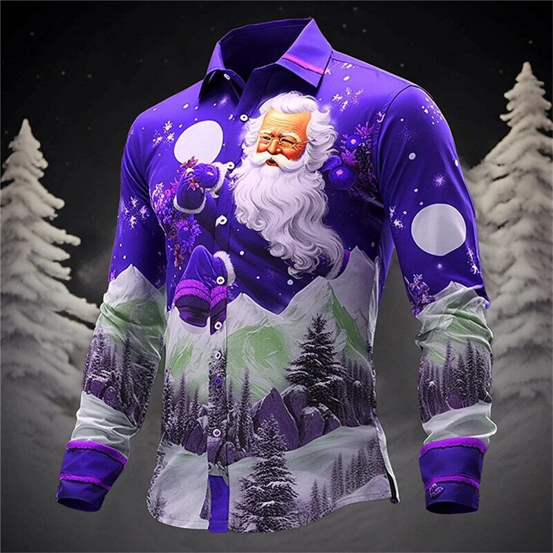 Santa Claus Holiday Shirt Digital 3D Printing Hot Selling Christmas Long Sleeve Shirt Party Men's Casual Fashion