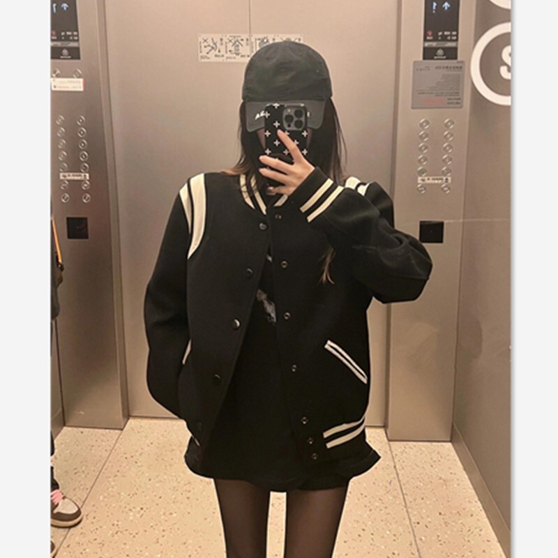 黑色棒球服外套女加厚秋季2025新款美式复古学院风毛呢夹克上衣|undefined