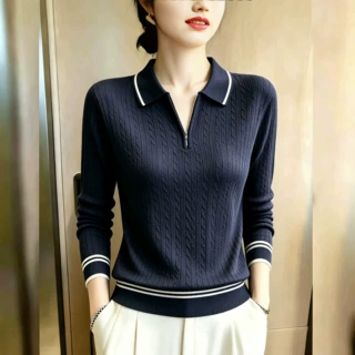 女士POLO领条纹聚酯纤维休闲风针织衫