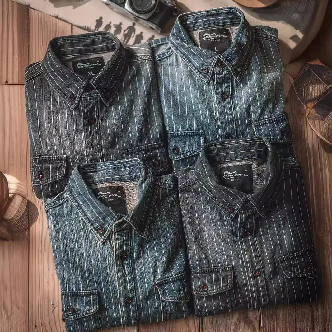 Herrenbekleidung Neues Langarmhemd für Herren im japanischen Retro-Stil, lässiges gestreiftes Hemd für Teenager, lockere, trendige All-Match-Oberteile, Jacke_voghion.com