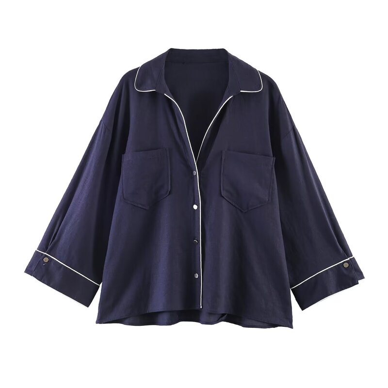 Pb&Za Wholesale Summer Button-Up Shirt with Contrasting Color Patchwork Trim Details, V-Neck, and Elbow-Length Sleeves 2820813