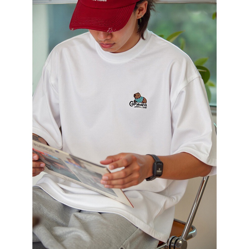 Fun Kapibara Contrasting Color Embroidered Pure Cotton Short-Sleeved T-Shirt Men's Summer New Trendy Brand Loose Half-Sleeved T-Shirt Q