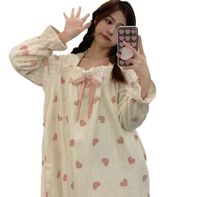 Dolce vestido de pijama de invierno de mujeres simple amor lindo vestido largo de rodilla grueso de franela estudiante vestido de pijama casero