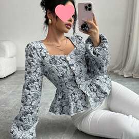 欧美法式秋季衬衫显瘦新款复古方领长袖泡泡碎花衬衣上衣短款