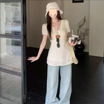 法式甜美领镂空刺绣蕾丝衬衫女2025夏季新款收腰短袖叠穿上衣女