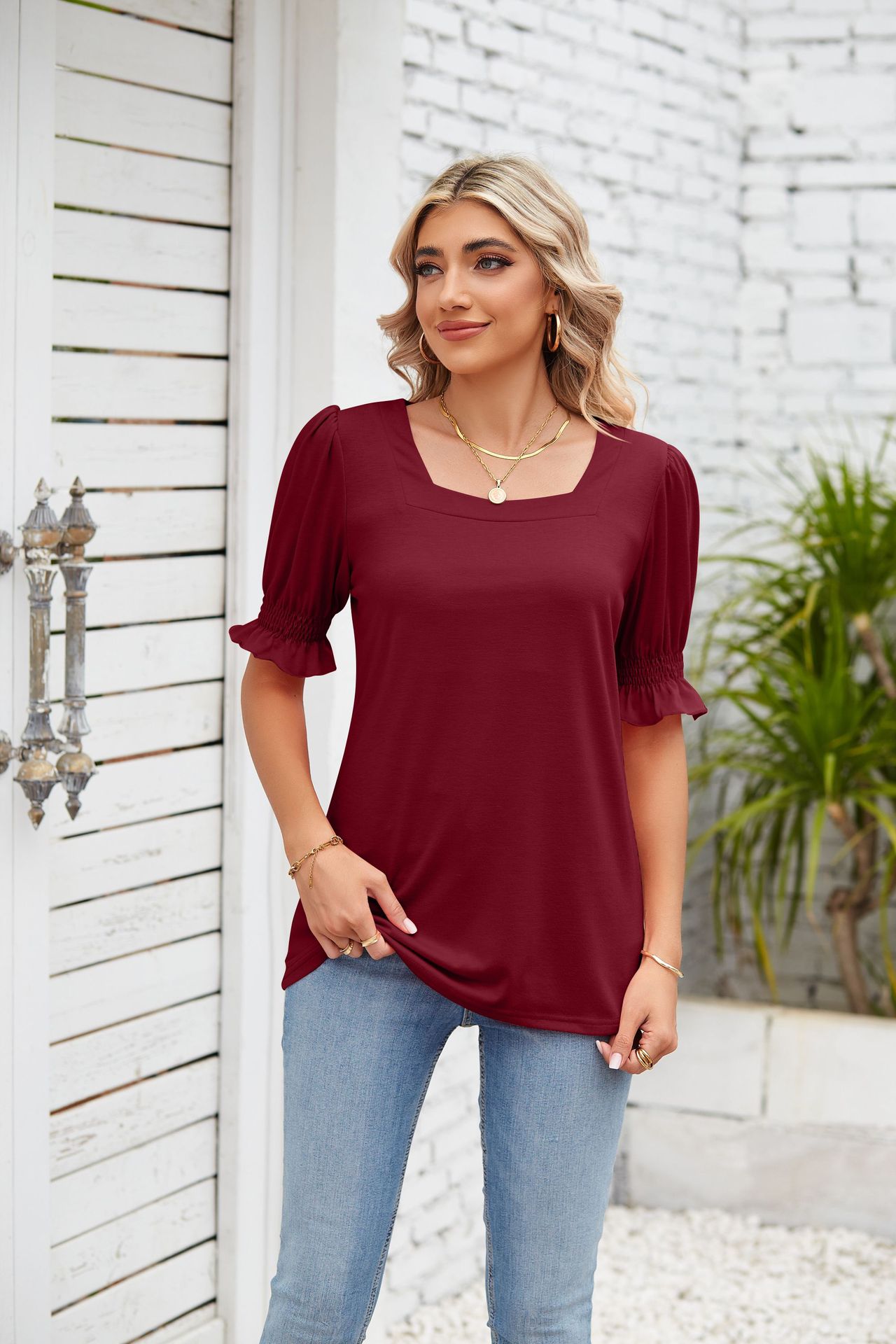 Women's Solid Square Neck Princess Sleeve Short Sleeve Loose T-shirt Top_voghion.com