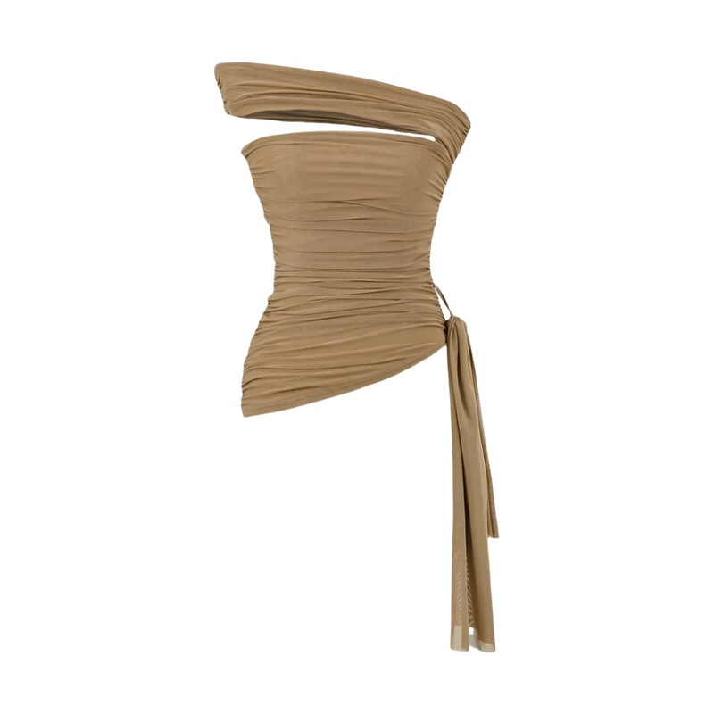 American-Style Off-Shoulder Sexy Single-Shoulder Sleeve Asymmetrical Ruched Sleeveless Top with Mesh Slim Fit Hem and Side Tie Strap Tube Top