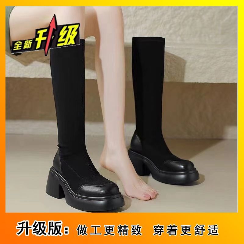 马丁靴女新款秋冬季粗跟高跟靴子复古时尚弹力瘦瘦靴厚底短靴|undefined