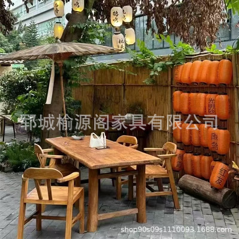 老榆木餐桌民宿实木户外餐厅办公桌酒店饭店专用长方形大板桌