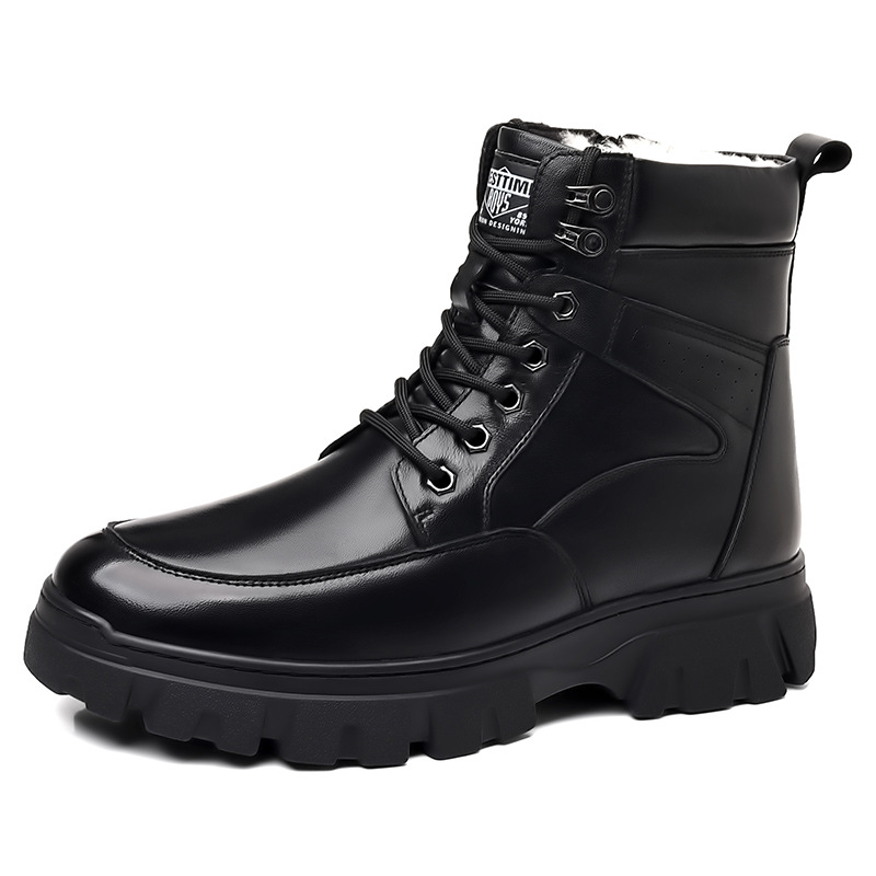 Invierno de piel de vaca de cabeza, nuevos zapatos de algodón para hombres, lana de cuero caliente, botas de alta resistencia, botas de cuero para hombres al aire libre