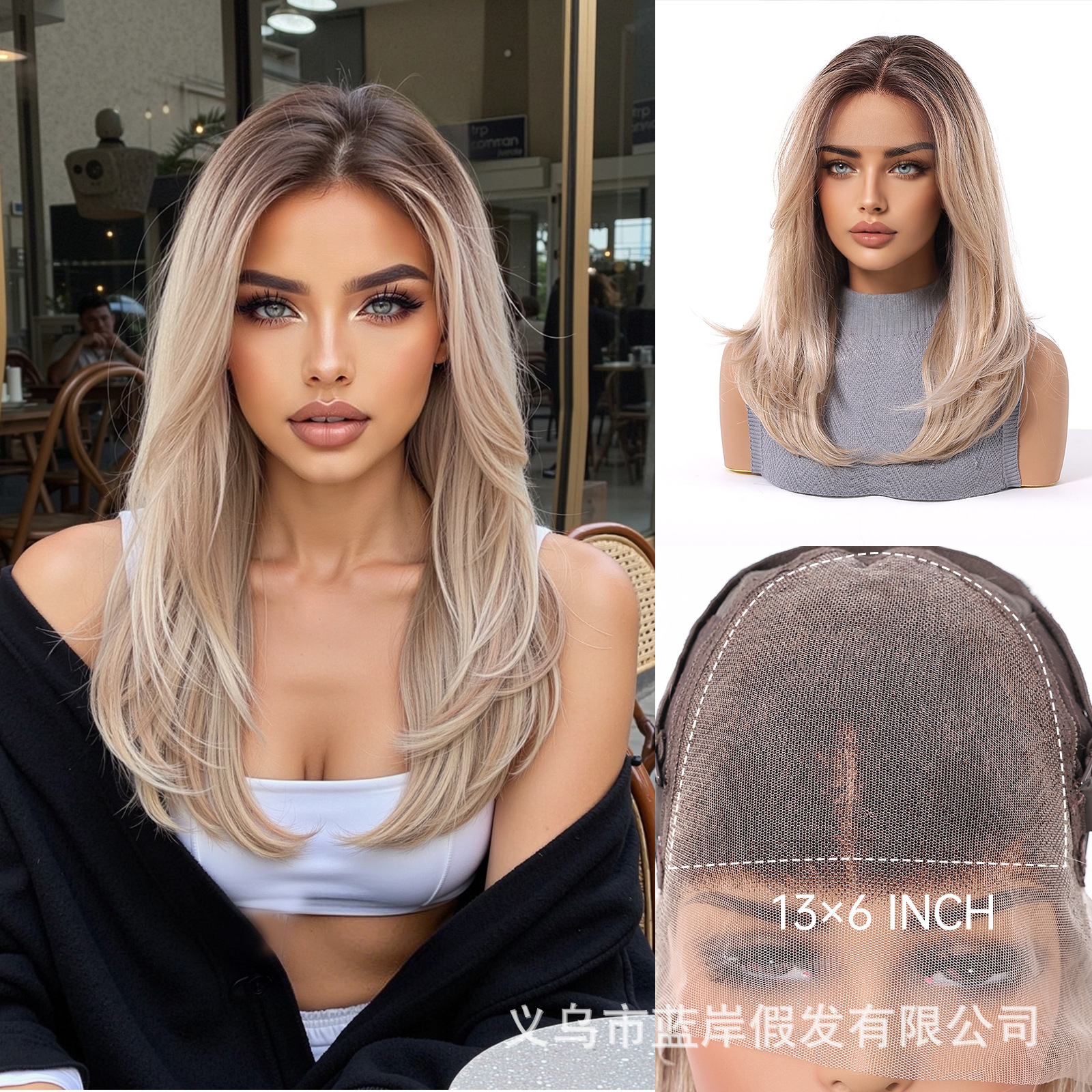 Peluca de encaje de gran área de estilo europeo y americano, morena negra, cubierta completa, costura libre para mujer, cuero cabelludo, lugar de fábrica realista