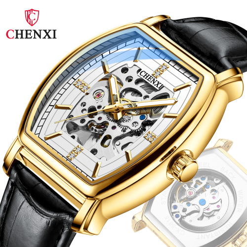 Dawn Barrel Type Fully Automatic Mechanical Watch Men's Genuine Leather Hollow Luminous Waterproof Cross-Border Live Foreign Trade Mechanical Watch