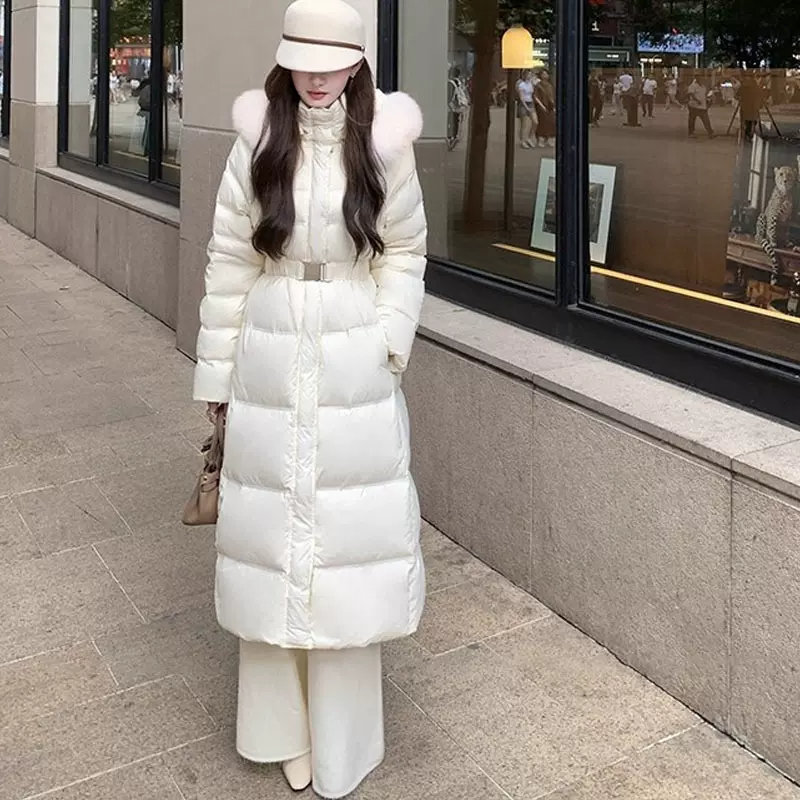 狐狸毛领收腰连帽棉服女冬季保暖长款棉服厚外套