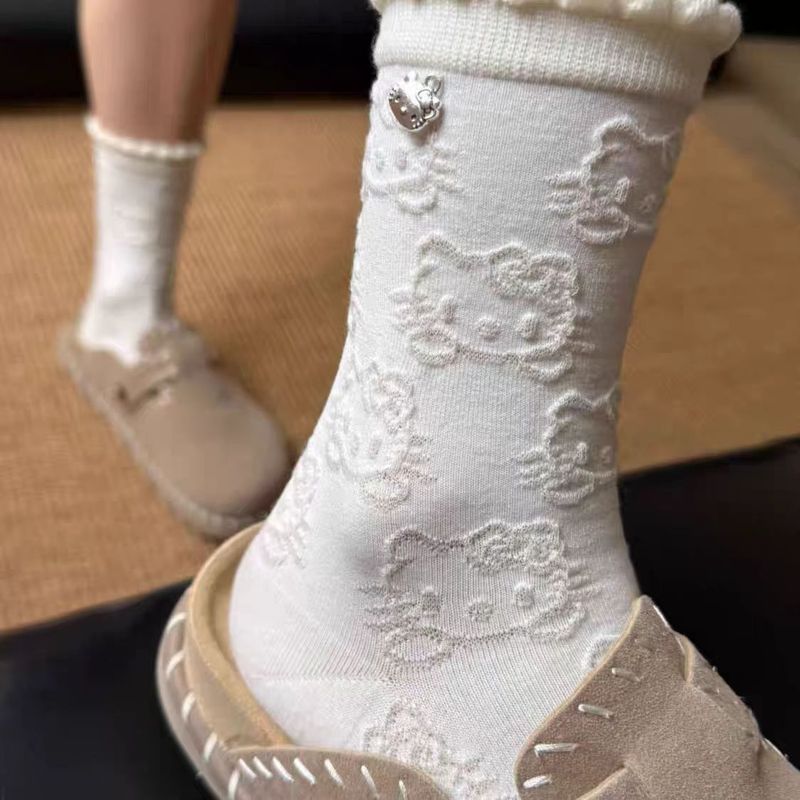 浮雕KT猫袜子女花边堆堆长袜日系可爱卡通吊坠春秋季泡泡口中筒袜|undefined