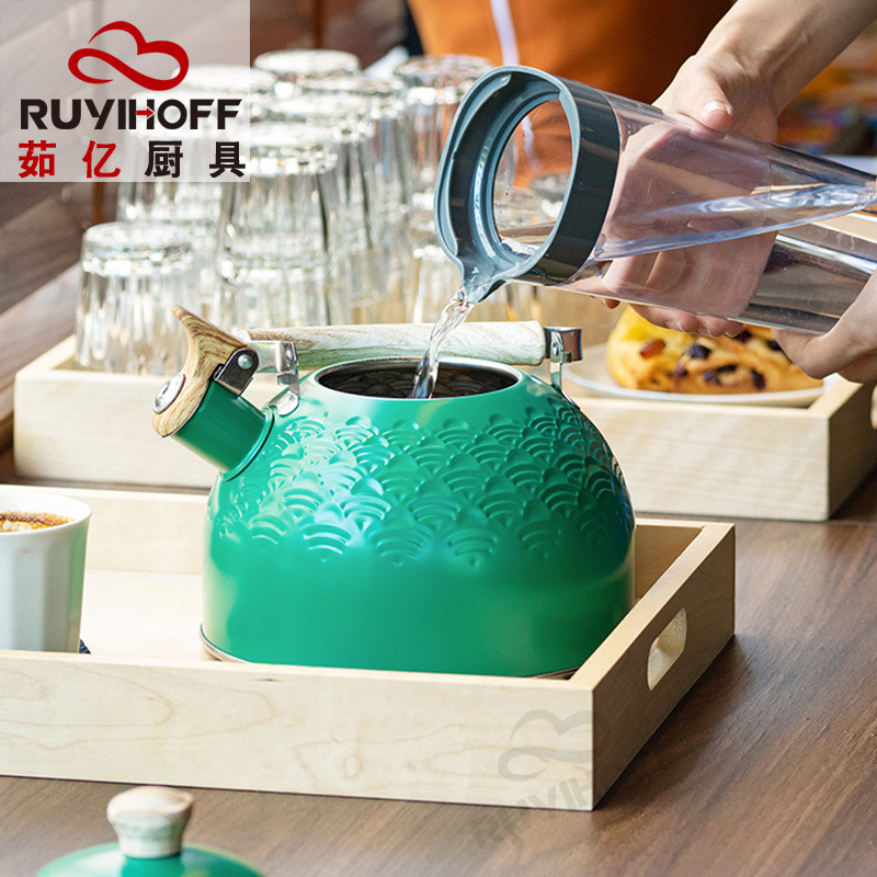 Cruz-frontera silbato creativo hervidor original de estilo europeo auspicioso nube patrón de acero inoxidable hervidor de agua 2.5L menta verde olla de sonido