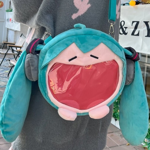 Japanese-Style Cute Hatsune Miku Plush Bag, Large Mouth Bag, Women's Bag, Gift Storage Bag, Single Shoulder Crossbody Bag