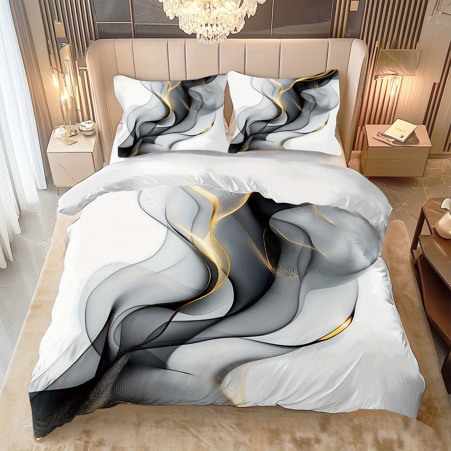 TEMU / JIT negro y blanco textura de mármol molienda impresión digital kit de colcha de tela para el hogar se puede diseñar