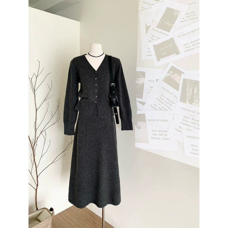 Кофта-вязаный кардиган, осенний комплект, юбка, свитер, стиль Chanel, силуэт А