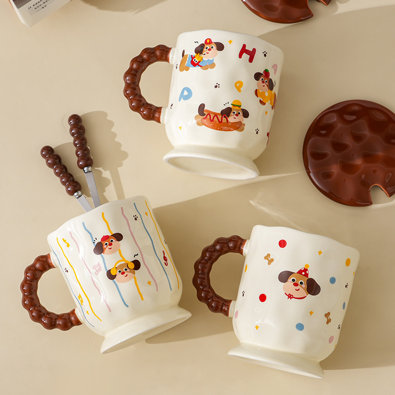 かわいいダックスフントセラミックカップ家庭用飲料マグ蓋スプーンオフィスセラミックミルクカップギフトウォーターカップ|undefined