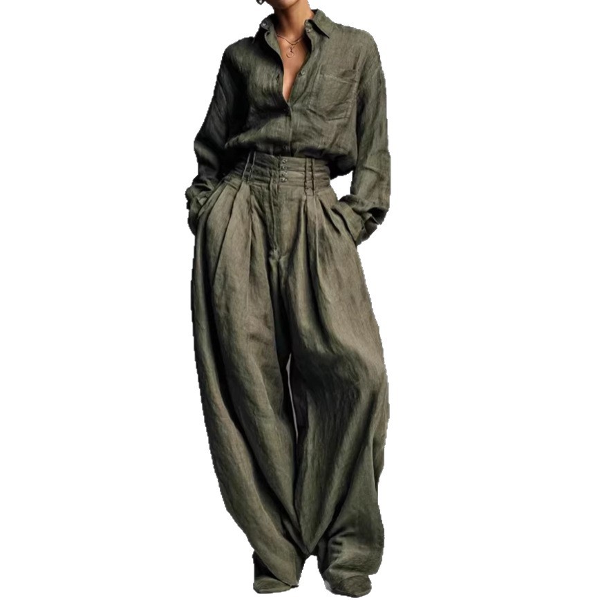 Zweiteiliges Set von Independent Brand im europäisch-amerikanischen Stil: Hemd und Hose, Strickjacke, langärmelig, locker geschnitten_voghion.com