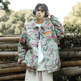 撞色提花双面廓形布料原创复古立体绣花立体翻领夹克外套服装面料