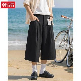 仿麻纹理日系打褶七分休闲裤夏季通勤慵懒风垂感宽松廓形西装裤q